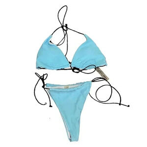 🌟 SHEIN Triangle Bikini Set Light Blue Adjustable Elastic Ties Swimwear Size L 🌟
